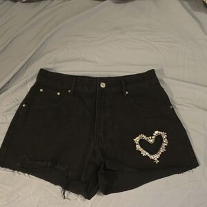 SHEIN Black Jean Shorts with Heart Detail
